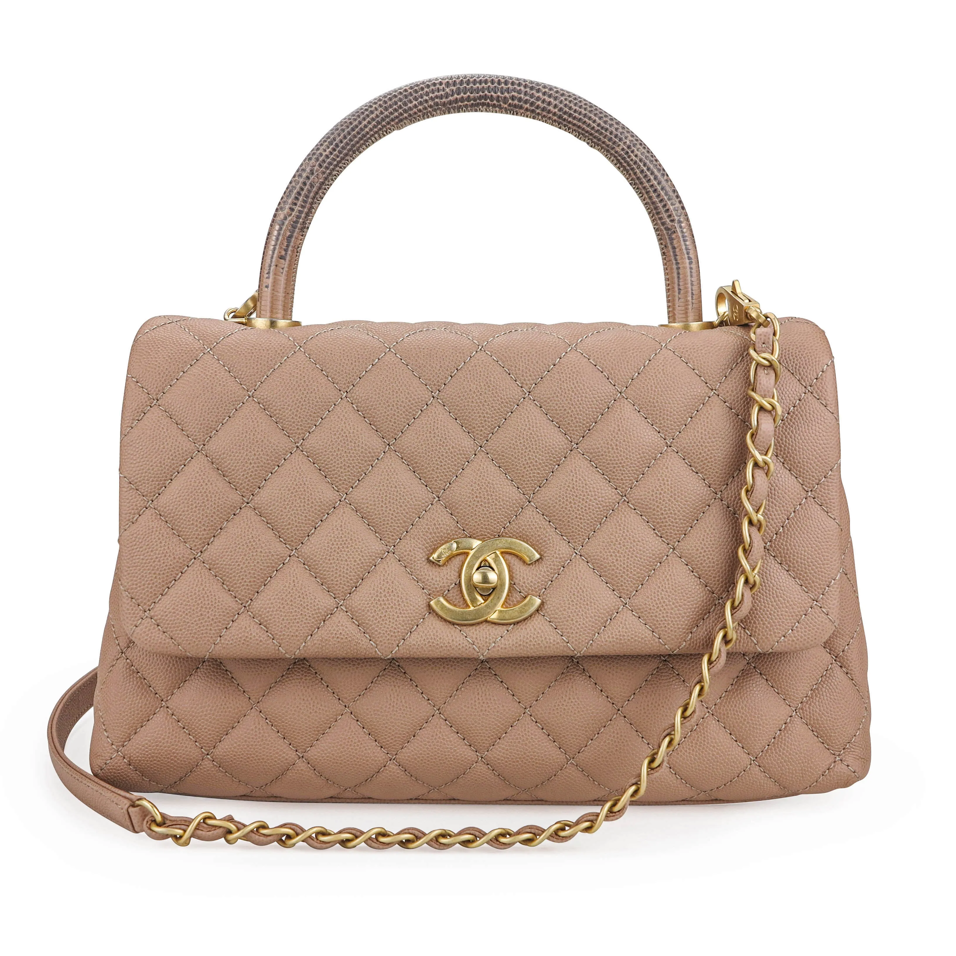 Small Coco Handle Bag with Lizard Handle in Beige Caviar