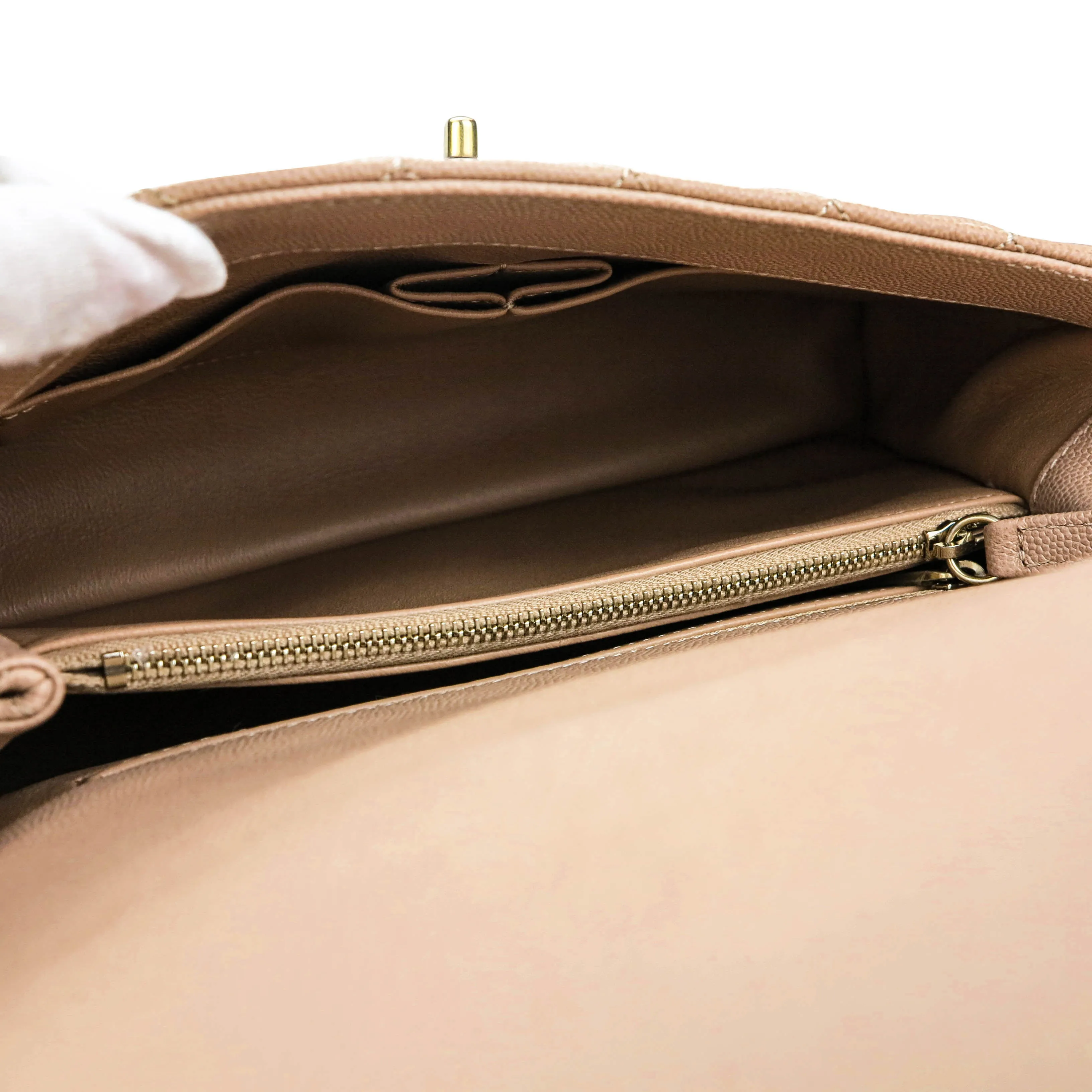 Small Coco Handle Bag with Lizard Handle in Beige Caviar