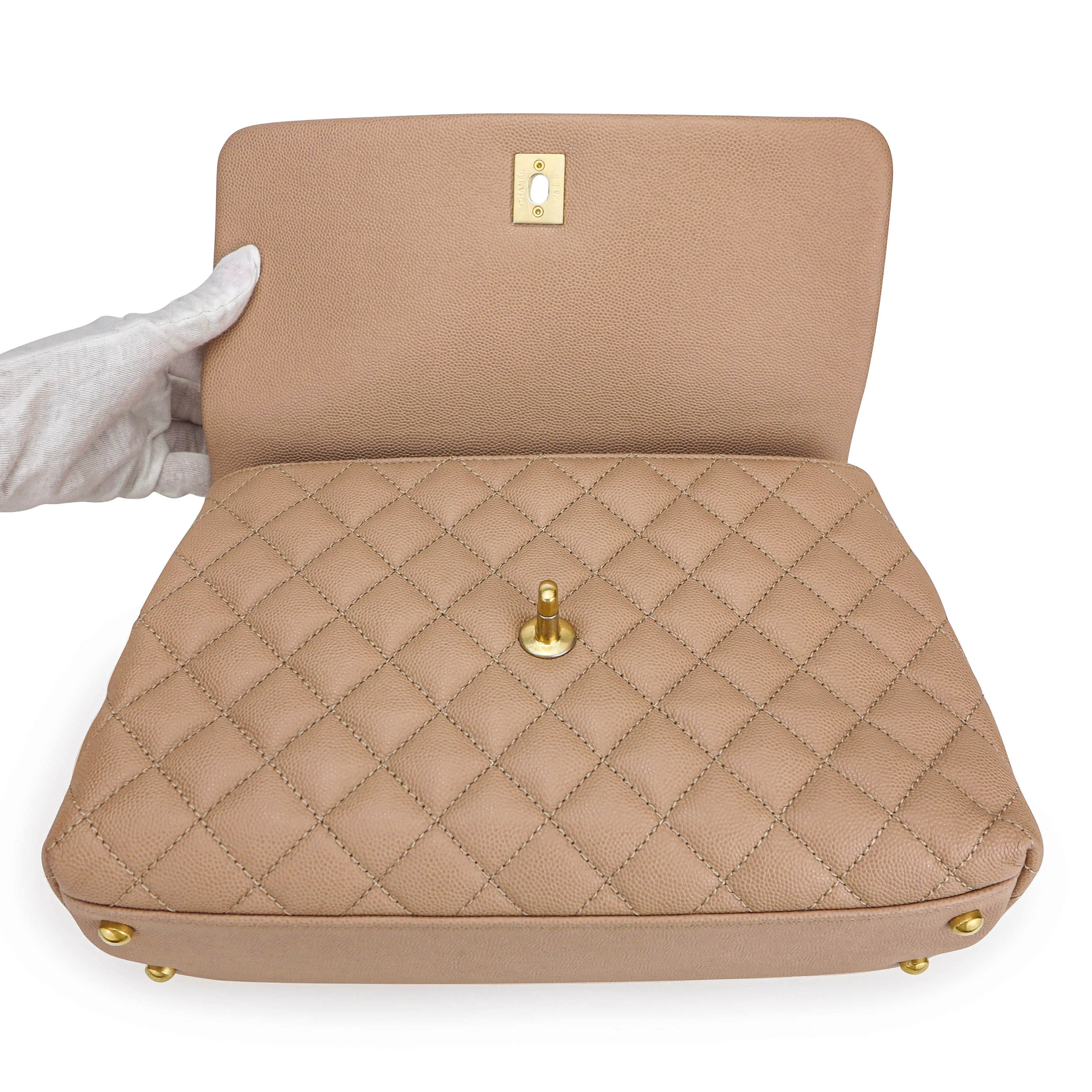Small Coco Handle Bag with Lizard Handle in Beige Caviar