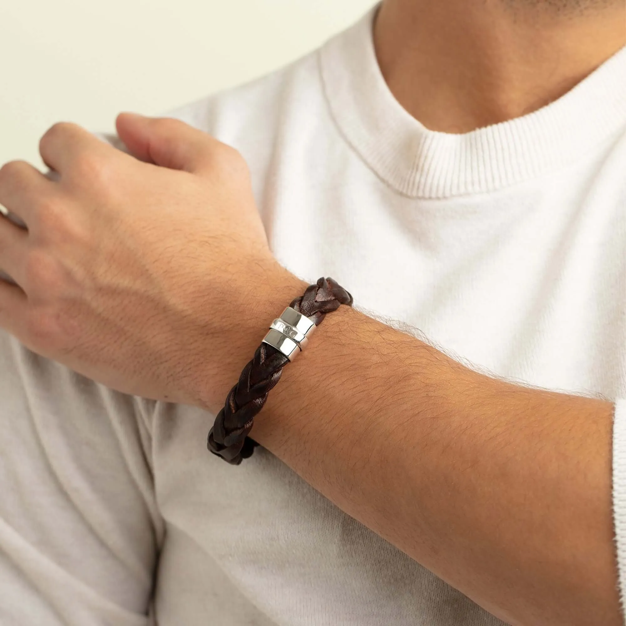 Sterling Silver Men's Large Leather Bracelet