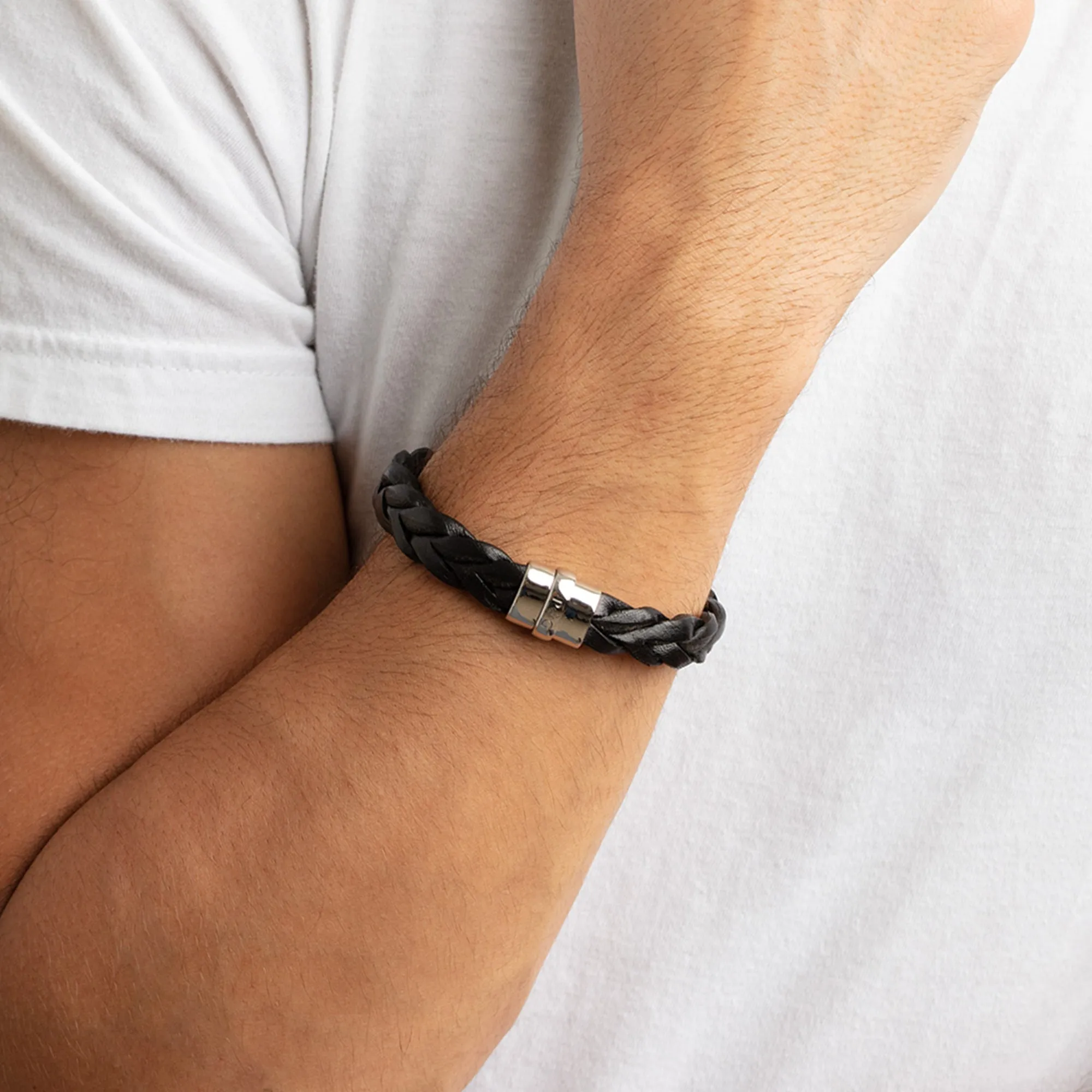 Sterling Silver Men's Large Leather Bracelet