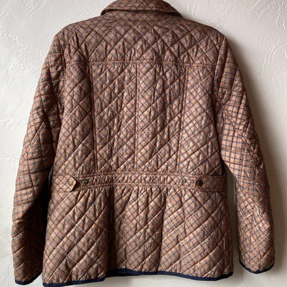 Talbots Quilted Oliver Graphic Chain Print Jacket Front pocket brown button L