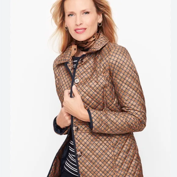 Talbots Quilted Oliver Graphic Chain Print Jacket Front pocket brown button L