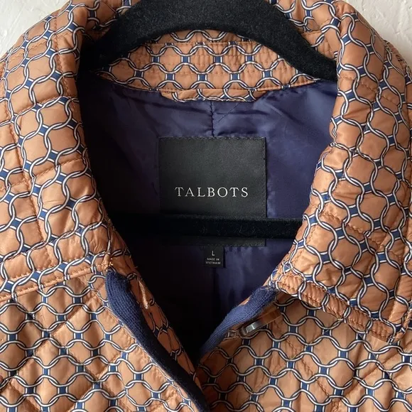 Talbots Quilted Oliver Graphic Chain Print Jacket Front pocket brown button L