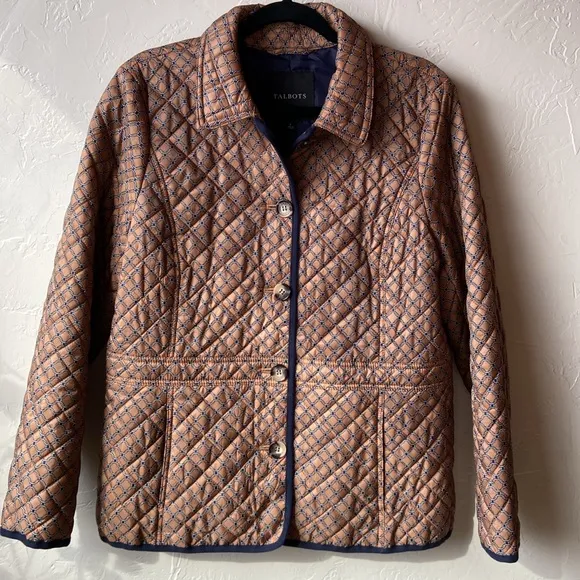 Talbots Quilted Oliver Graphic Chain Print Jacket Front pocket brown button L