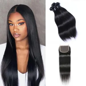 Wavymy Virgin Human Hair Straight Hair Weave 3 Bundles With 4x4 Lace Closure