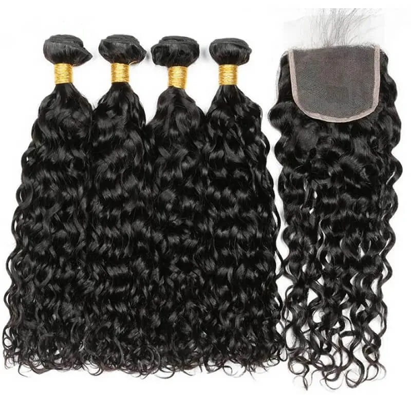 Wavymy Water Wave Human Virgin Hair 4 Bundles with 4x4 Lace Closure