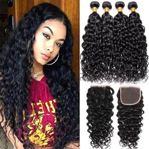 Wavymy Water Wave Human Virgin Hair 4 Bundles with 4x4 Lace Closure