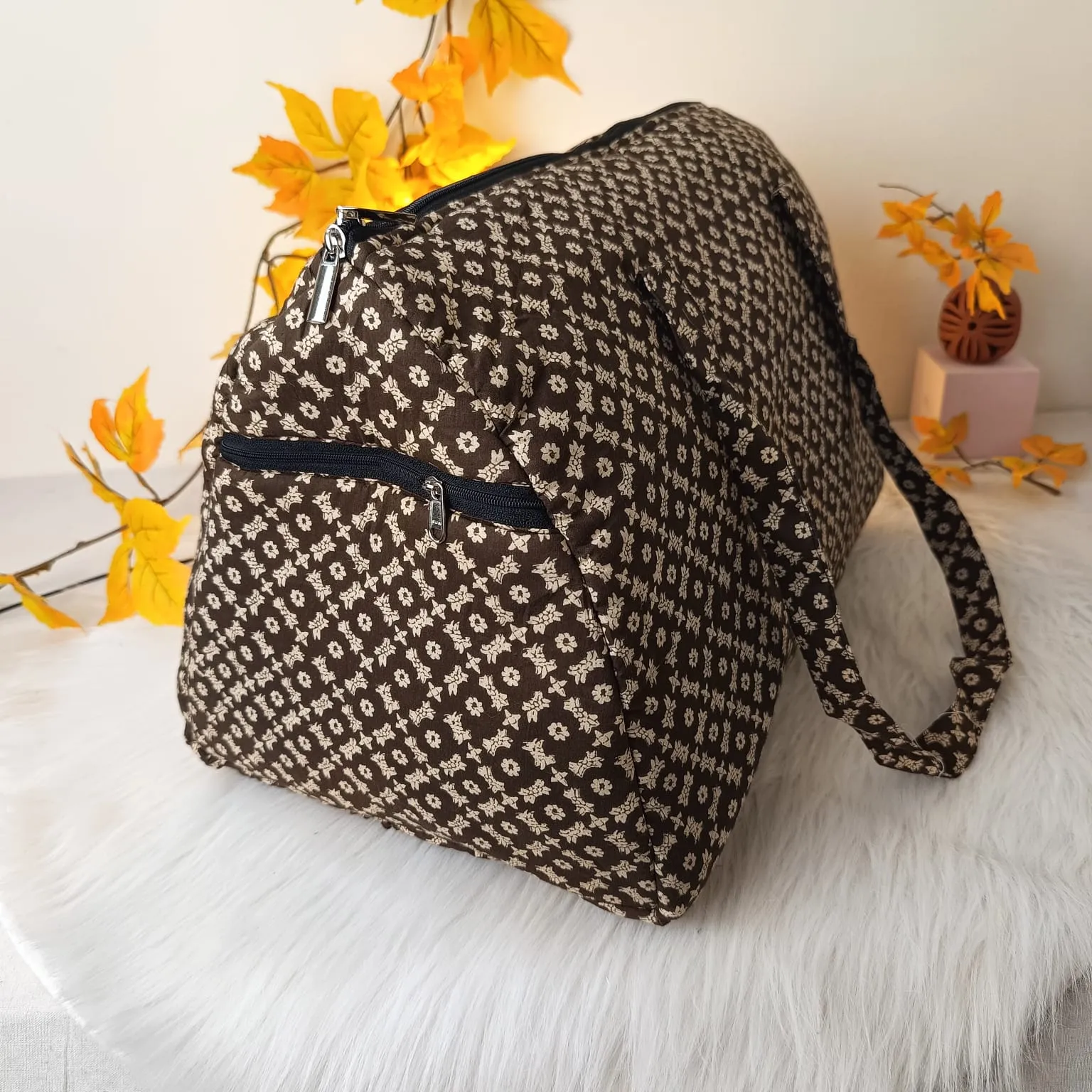 Weekender Travel Bag Brown With White Prints.