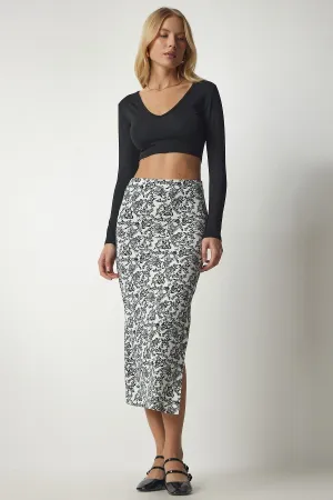 Woman Black and White Patterned Slit Kashkorse Skirt MC00221