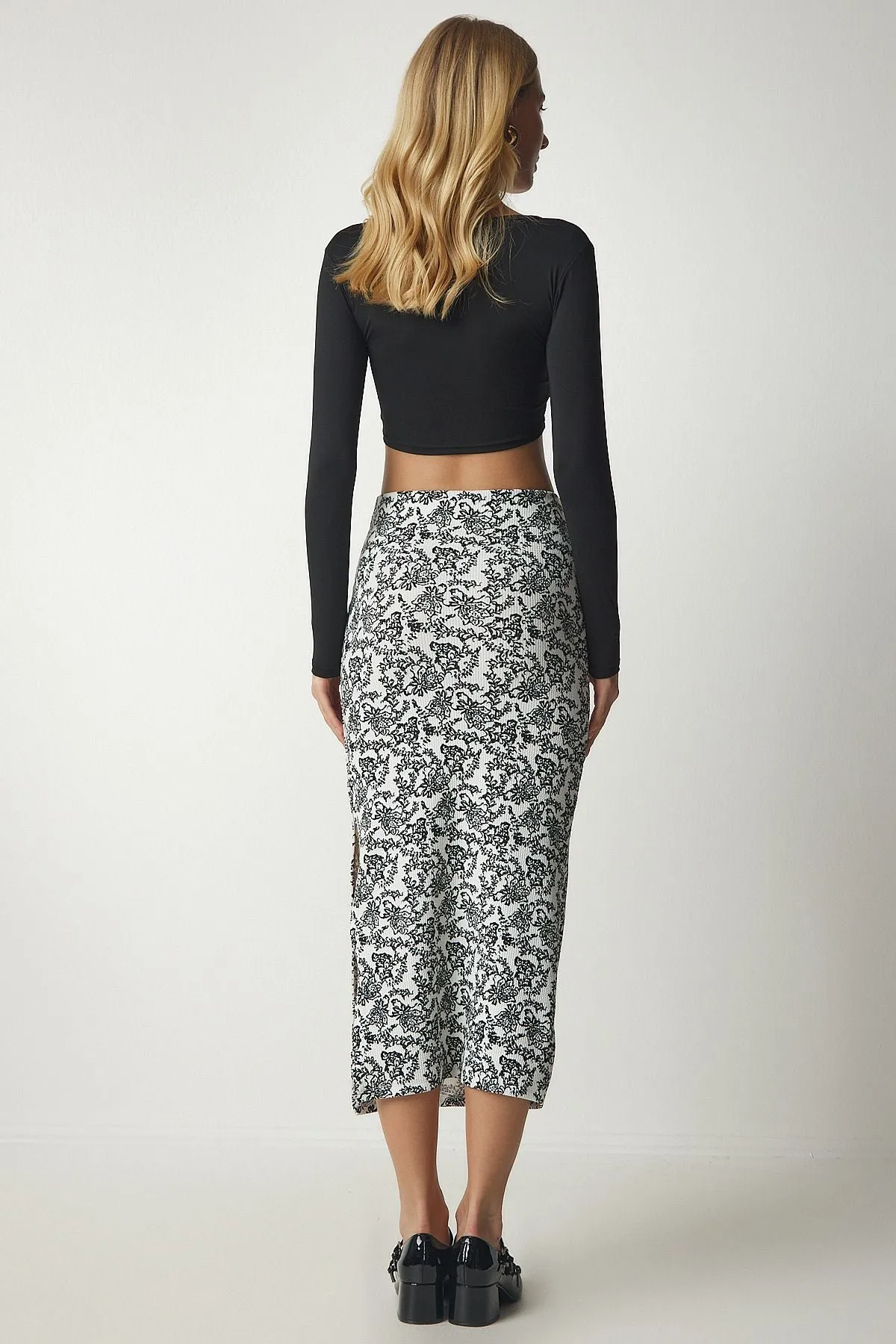 Woman Black and White Patterned Slit Kashkorse Skirt MC00221
