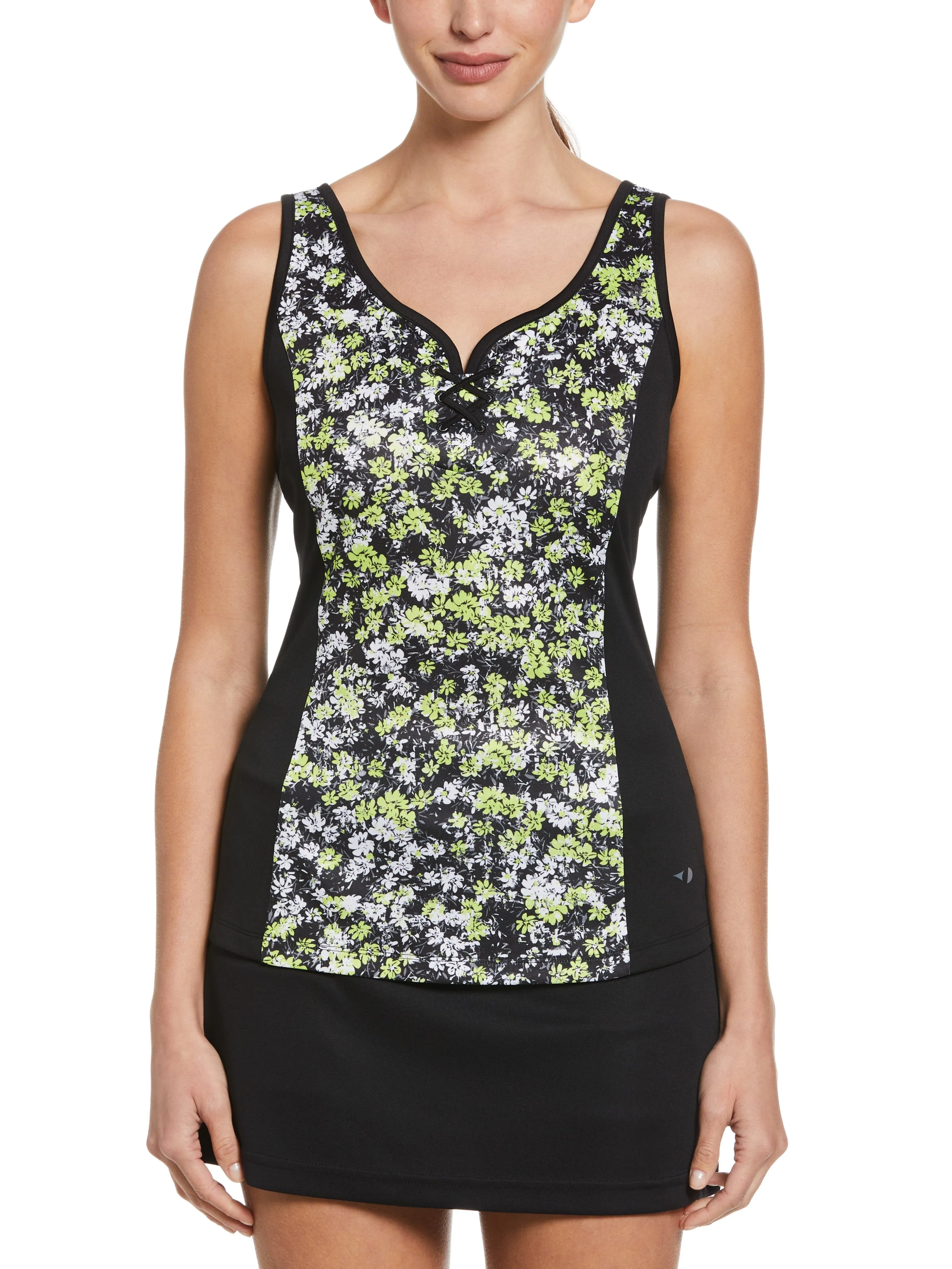 Women's Floral Printed Strappy Tennis Tank with Tie Up Front Detail